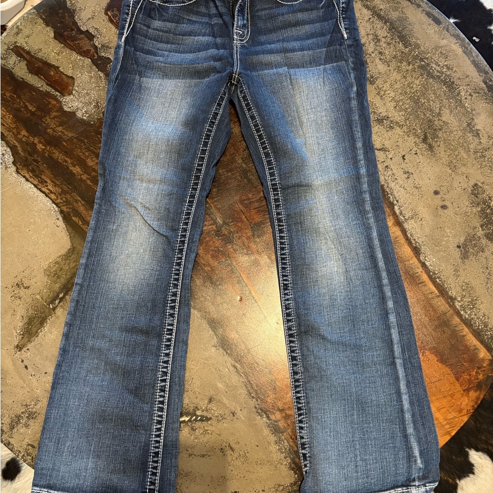 Miss Me Blue Boot Cut Jeans with Vintage-Inspired Wash